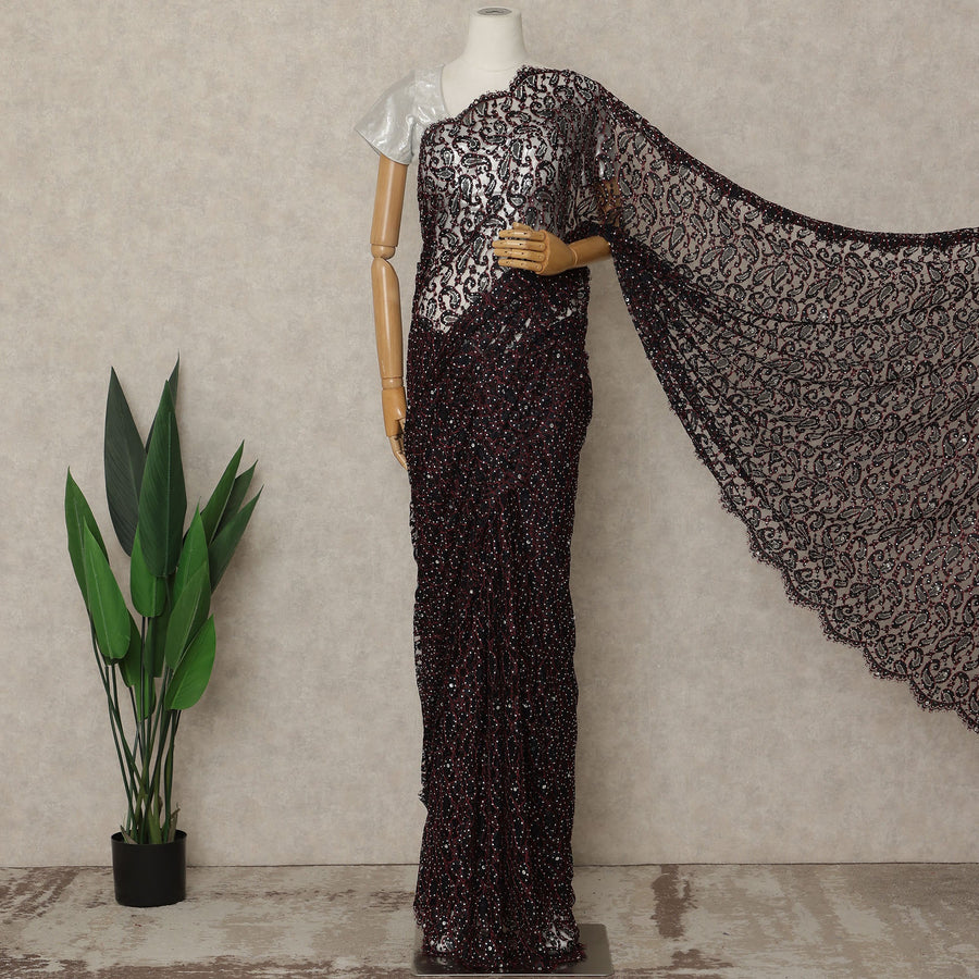 Wine Black Premium French Chantilly Saree Lace with Stone Work 5.5 Mtrs Length, Width 110 Cms and Made in France-D27180