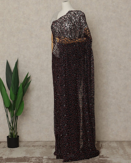 Wine Black Premium French Chantilly Saree Lace with Stone Work 5.5 Mtrs Length, Width 110 Cms and Made in France-D27180