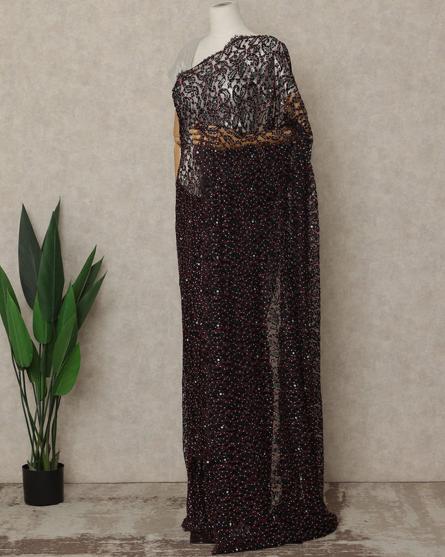 Wine Black Premium French Chantilly Saree Lace with Stone Work 5.5 Mtrs Length, Width 110 Cms and Made in France-D27180