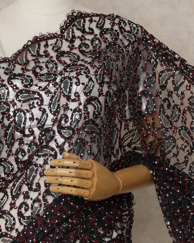 Wine Black Premium French Chantilly Saree Lace with Stone Work 5.5 Mtrs Length, Width 110 Cms and Made in France-D27180
