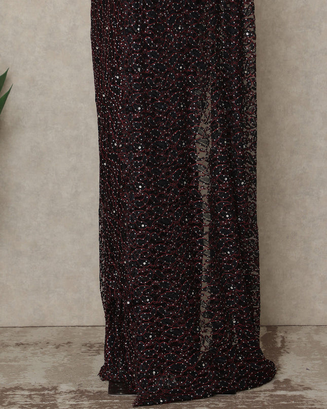 Wine Black Premium French Chantilly Saree Lace with Stone Work 5.5 Mtrs Length, Width 110 Cms and Made in France-D27180