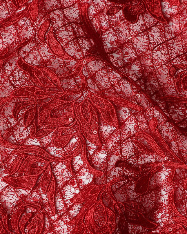 Red Floral Embroidered Synthetic Lace Fabric 140 Cms From China-D27256