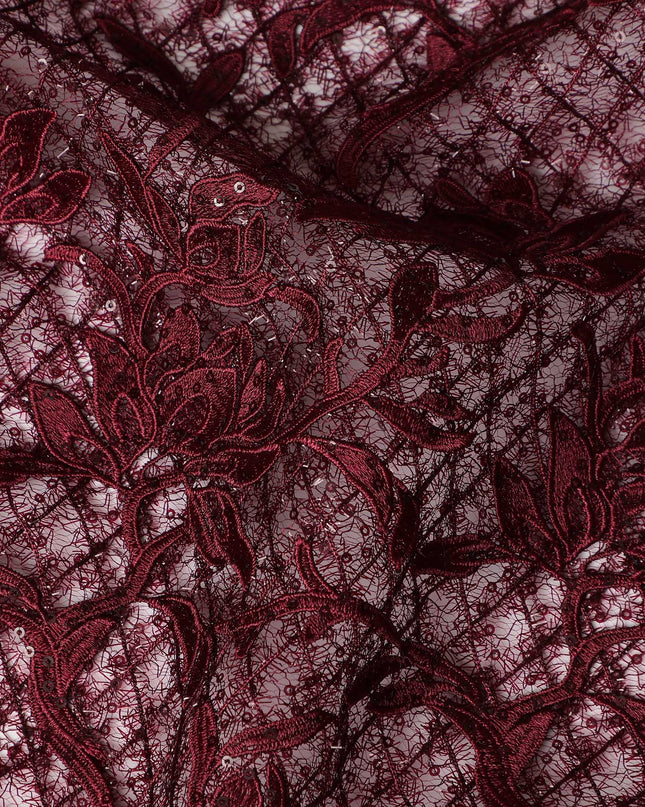Wine Floral Embroidered Synthetic Lace Fabric 140 Cms From China-D27259