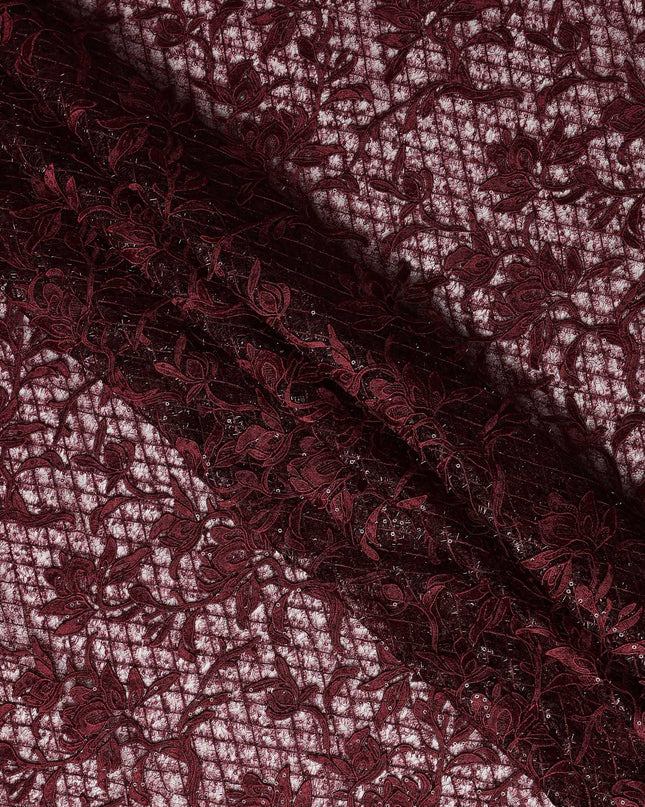 Wine Floral Embroidered Synthetic Lace Fabric 140 Cms From China-D27259