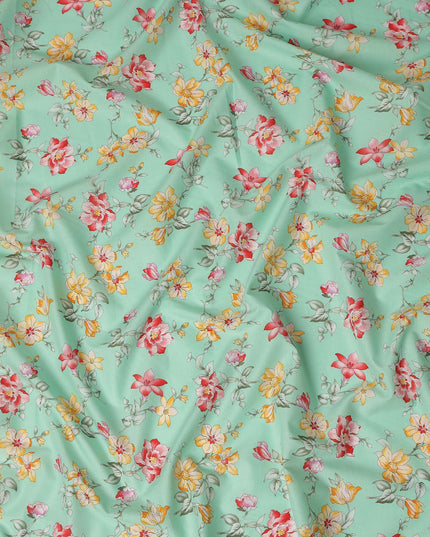 Mint Green Floral Printed Cotton Lawn Fabric All Over Blooming Flower Design Soft Dressmaking Material 4.0 Meters Length 110 Cms Width India-D27651