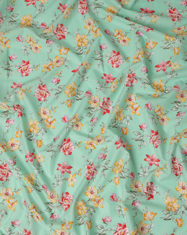 Mint Green Floral Printed Cotton Lawn Fabric All Over Blooming Flower Design Soft Dressmaking Material 4.0 Meters Length 110 Cms Width India-D27651
