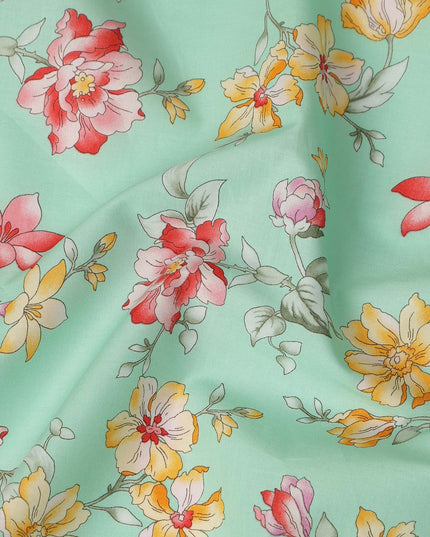 Mint Green Floral Printed Cotton Lawn Fabric All Over Blooming Flower Design Soft Dressmaking Material 4.0 Meters Length 110 Cms Width India-D27651