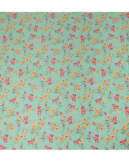 Mint Green Floral Printed Cotton Lawn Fabric All Over Blooming Flower Design Soft Dressmaking Material 4.0 Meters Length 110 Cms Width India-D27651