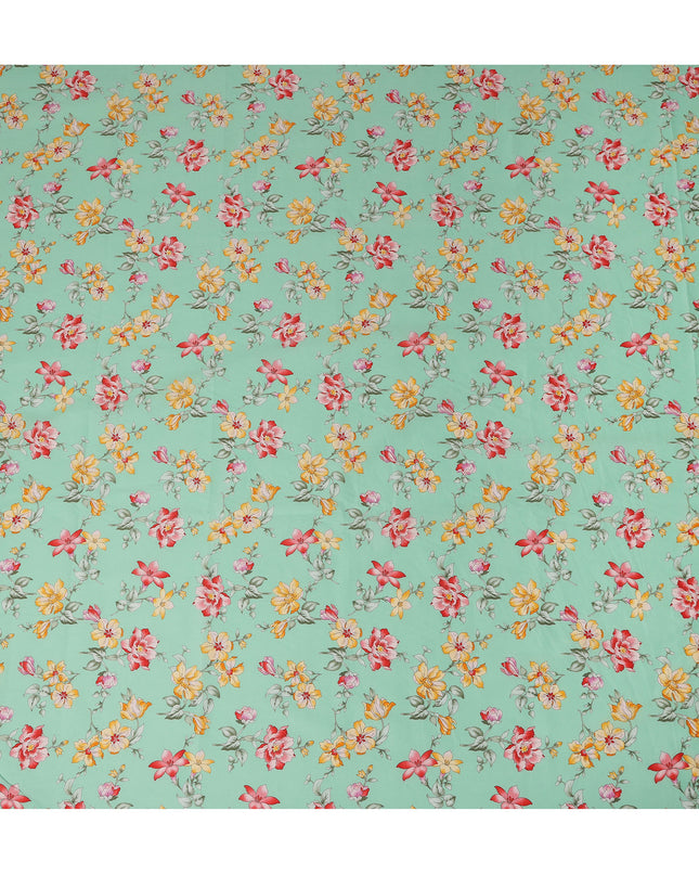 Mint Green Floral Printed Cotton Lawn Fabric All Over Blooming Flower Design Soft Dressmaking Material 4.0 Meters Length 110 Cms Width India-D27651