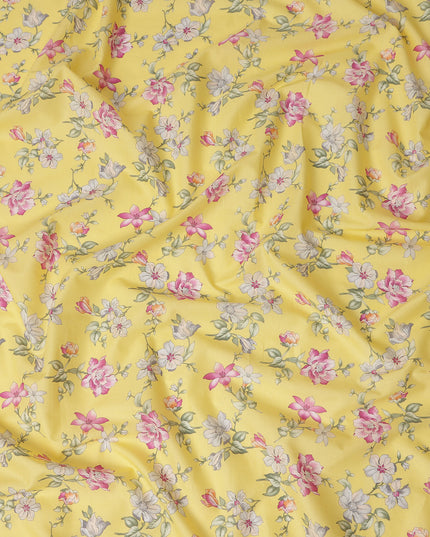 Yellow Floral Printed Cotton Lawn Fabric All Over Delicate Blooming Flower Design Soft Dressmaking Material 4.0 Meters Length 110 Cms Width India-D27652