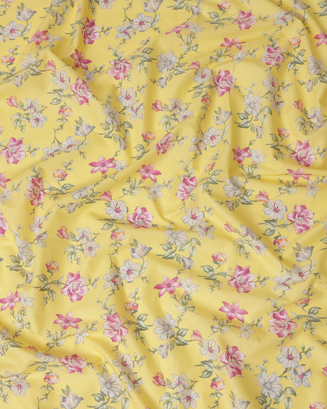 Yellow Floral Printed Cotton Lawn Fabric All Over Delicate Blooming Flower Design Soft Dressmaking Material 4.0 Meters Length 110 Cms Width India-D27652