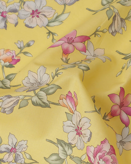 Yellow Floral Printed Cotton Lawn Fabric All Over Delicate Blooming Flower Design Soft Dressmaking Material 4.0 Meters Length 110 Cms Width India-D27652