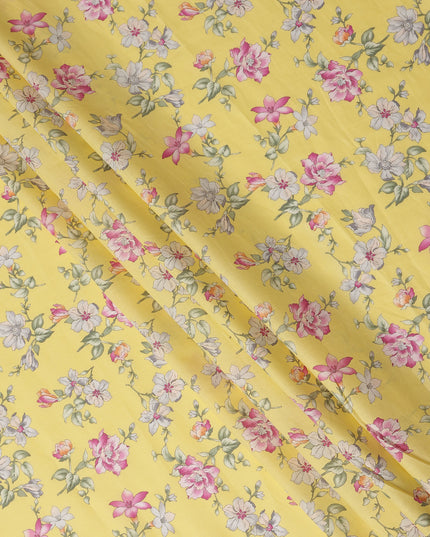 Yellow Floral Printed Cotton Lawn Fabric All Over Delicate Blooming Flower Design Soft Dressmaking Material 4.0 Meters Length 110 Cms Width India-D27652