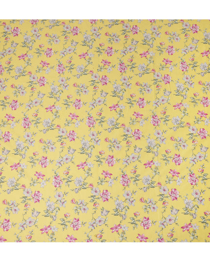 Yellow Floral Printed Cotton Lawn Fabric All Over Delicate Blooming Flower Design Soft Dressmaking Material 4.0 Meters Length 110 Cms Width India-D27652