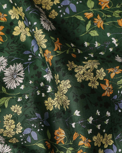 Dark Green Floral Printed Cotton Lawn Fabric All Over Wildflower Garden Design Soft Dressmaking Material 4.0 Meters Length 110 Cms Width India-D27654
