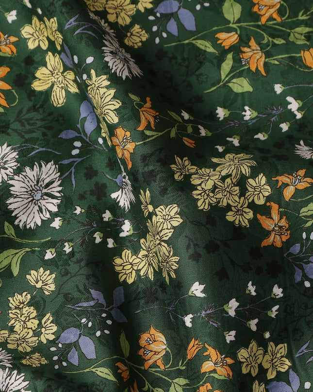 Dark Green Floral Printed Cotton Lawn Fabric All Over Wildflower Garden Design Soft Dressmaking Material 4.0 Meters Length 110 Cms Width India-D27654