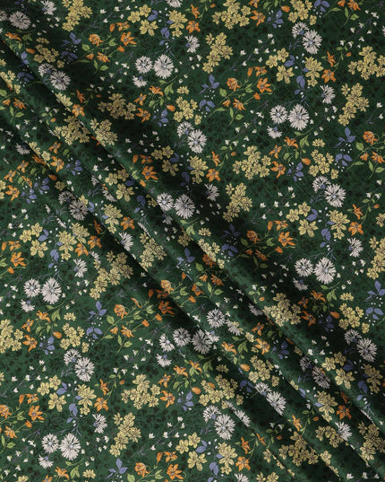 Dark Green Floral Printed Cotton Lawn Fabric All Over Wildflower Garden Design Soft Dressmaking Material 4.0 Meters Length 110 Cms Width India-D27654