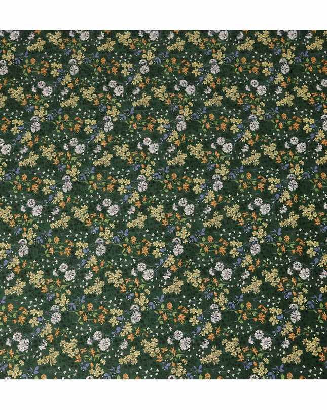 Dark Green Floral Printed Cotton Lawn Fabric All Over Wildflower Garden Design Soft Dressmaking Material 4.0 Meters Length 110 Cms Width India-D27654