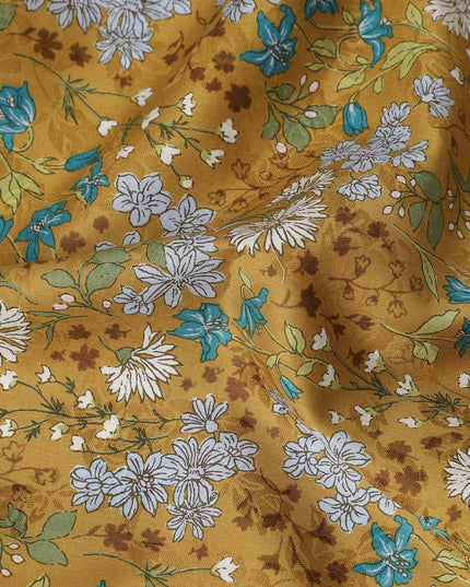 Mustard Brown Floral Printed Cotton Lawn Fabric All Over Vintage Wildflower Design Soft Dressmaking Material 4.0 Meters Length 110 Cms Width India-D27655