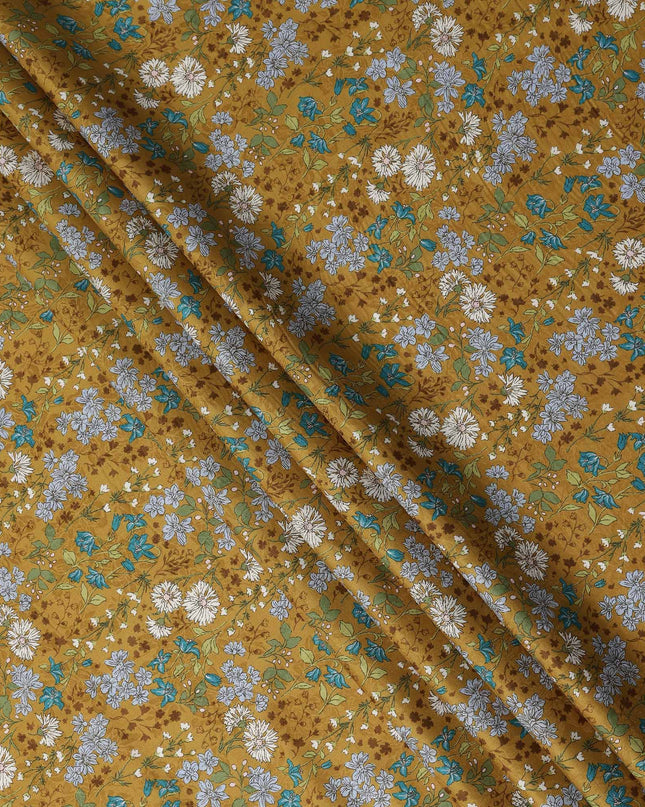 Mustard Brown Floral Printed Cotton Lawn Fabric All Over Vintage Wildflower Design Soft Dressmaking Material 4.0 Meters Length 110 Cms Width India-D27655