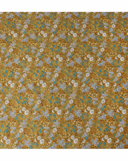 Mustard Brown Floral Printed Cotton Lawn Fabric All Over Vintage Wildflower Design Soft Dressmaking Material 4.0 Meters Length 110 Cms Width India-D27655