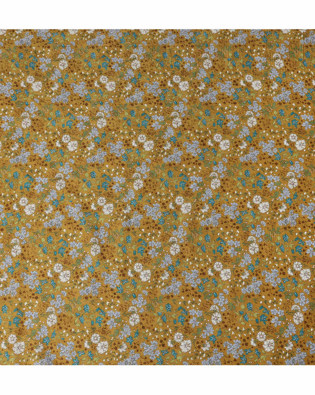 Mustard Brown Floral Printed Cotton Lawn Fabric All Over Vintage Wildflower Design Soft Dressmaking Material 4.0 Meters Length 110 Cms Width India-D27655