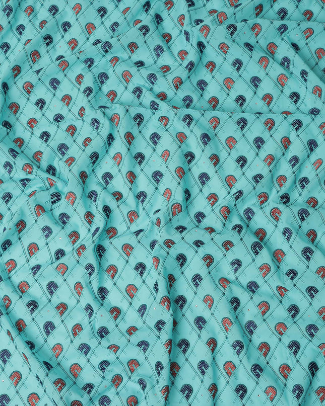 Turquoise Geometric Embroidered Premium Traditional Sudanese Thobe Pure Cotton Voile Fabric with Stone Work 4.5 Mtrs Piece 140 Cms Width Switzerland Origin-D28541