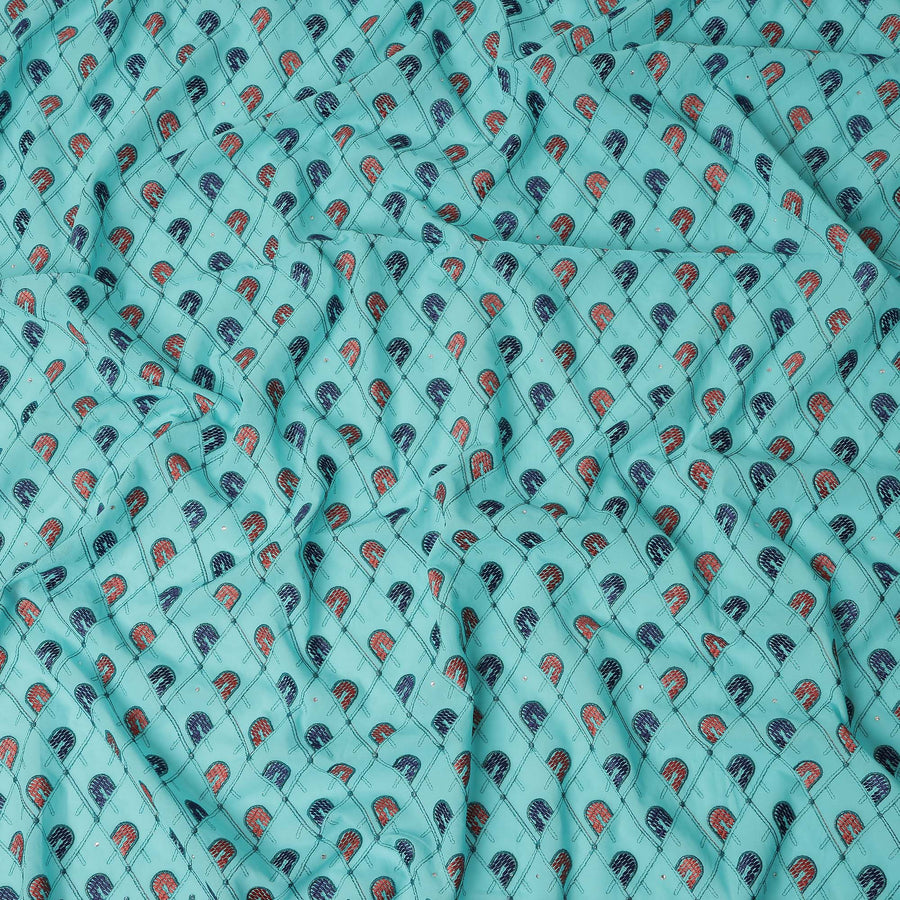 Turquoise Geometric Embroidered Premium Traditional Sudanese Thobe Pure Cotton Voile Fabric with Stone Work 4.5 Mtrs Piece 140 Cms Width Switzerland Origin-D28541 - Regal Fabrics