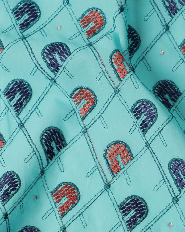 Turquoise Geometric Embroidered Premium Traditional Sudanese Thobe Pure Cotton Voile Fabric with Stone Work 4.5 Mtrs Piece 140 Cms Width Switzerland Origin-D28541