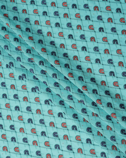 Turquoise Geometric Embroidered Premium Traditional Sudanese Thobe Pure Cotton Voile Fabric with Stone Work 4.5 Mtrs Piece 140 Cms Width Switzerland Origin-D28541 - Regal Fabrics