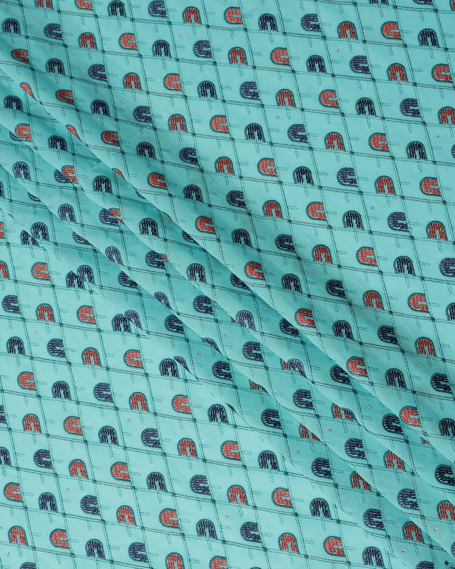 Turquoise Geometric Embroidered Premium Traditional Sudanese Thobe Pure Cotton Voile Fabric with Stone Work 4.5 Mtrs Piece 140 Cms Width Switzerland Origin-D28541