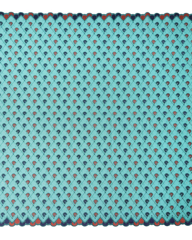 Turquoise Geometric Embroidered Premium Traditional Sudanese Thobe Pure Cotton Voile Fabric with Stone Work 4.5 Mtrs Piece 140 Cms Width Switzerland Origin-D28541