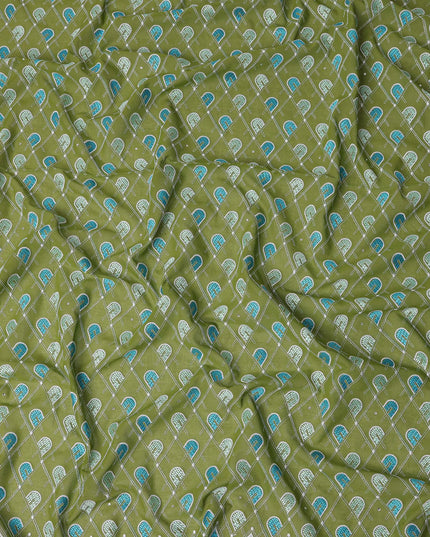 Olive Green Geometric Embroidered Premium Traditional Sudanese Thobe Pure Cotton Voile Fabric with Stone Work 4.5 Mtrs Piece 140 Cms Width Switzerland Origin-D28542