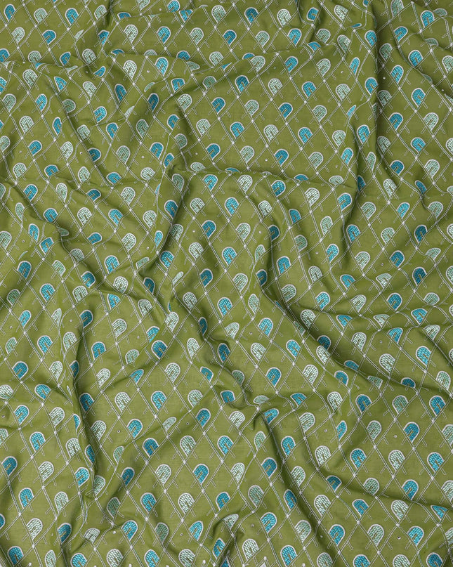 Olive Green Geometric Embroidered Premium Traditional Sudanese Thobe Pure Cotton Voile Fabric with Stone Work 4.5 Mtrs Piece 140 Cms Width Switzerland Origin-D28542
