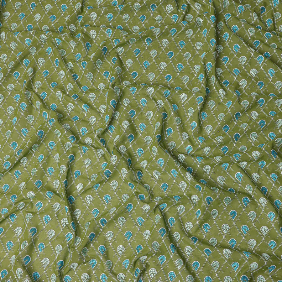 Olive Green Geometric Embroidered Premium Traditional Sudanese Thobe Pure Cotton Voile Fabric with Stone Work 4.5 Mtrs Piece 140 Cms Width Switzerland Origin-D28542