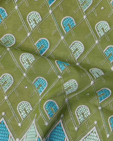 Olive Green Geometric Embroidered Premium Traditional Sudanese Thobe Pure Cotton Voile Fabric with Stone Work 4.5 Mtrs Piece 140 Cms Width Switzerland Origin-D28542