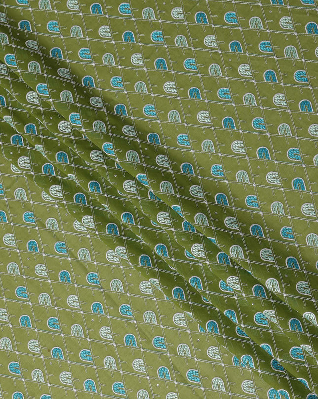 Olive Green Geometric Embroidered Premium Traditional Sudanese Thobe Pure Cotton Voile Fabric with Stone Work 4.5 Mtrs Piece 140 Cms Width Switzerland Origin-D28542