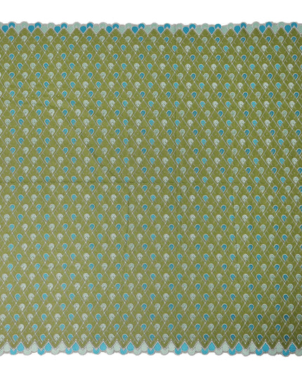 Olive Green Geometric Embroidered Premium Traditional Sudanese Thobe Pure Cotton Voile Fabric with Stone Work 4.5 Mtrs Piece 140 Cms Width Switzerland Origin-D28542