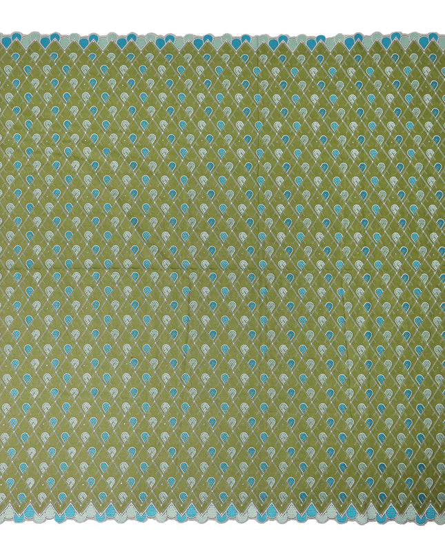 Olive Green Geometric Embroidered Premium Traditional Sudanese Thobe Pure Cotton Voile Fabric with Stone Work 4.5 Mtrs Piece 140 Cms Width Switzerland Origin-D28542