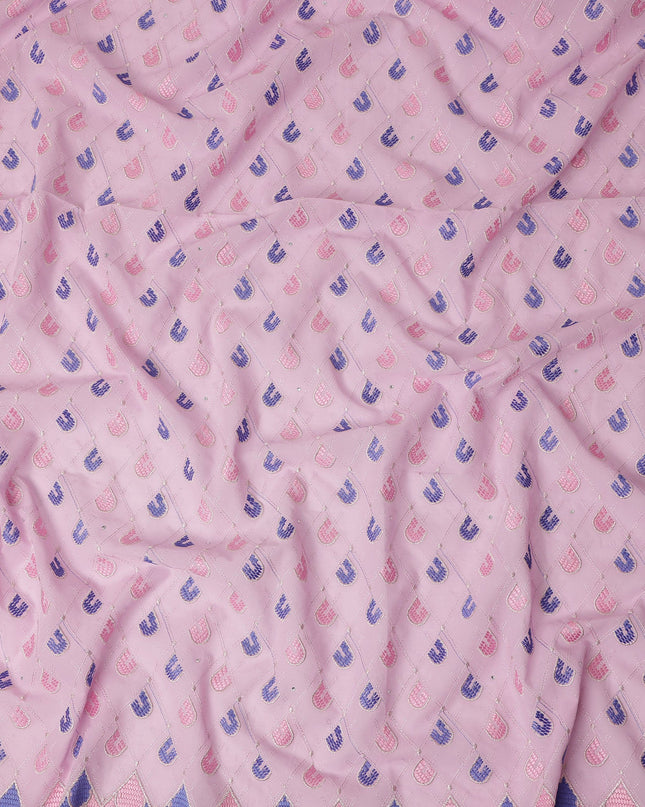 Baby Pink Geometric Embroidered Premium Traditional Sudanese Thobe Pure Cotton Voile Fabric with Stone Work 4.5 Mtrs Piece 140 Cms Width Switzerland Origin-D28543