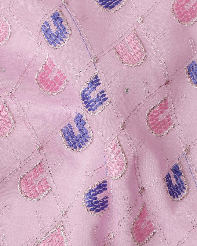 Baby Pink Geometric Embroidered Premium Traditional Sudanese Thobe Pure Cotton Voile Fabric with Stone Work 4.5 Mtrs Piece 140 Cms Width Switzerland Origin-D28543