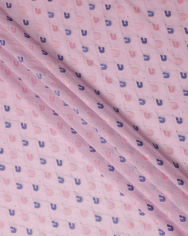 Baby Pink Geometric Embroidered Premium Traditional Sudanese Thobe Pure Cotton Voile Fabric with Stone Work 4.5 Mtrs Piece 140 Cms Width Switzerland Origin-D28543
