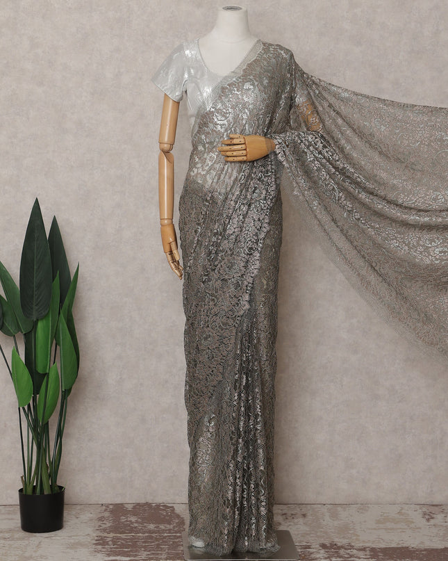 Pewter Grey French Chantilly Lace Saree 110cm