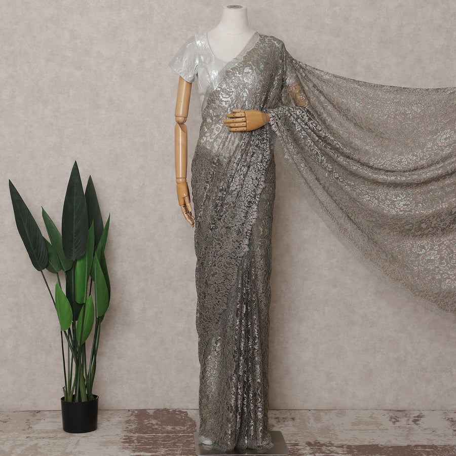Pewter Grey French Chantilly Lace Saree 110cm