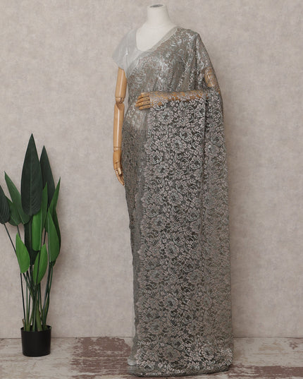 Pewter Grey French Chantilly Lace Saree 110cm