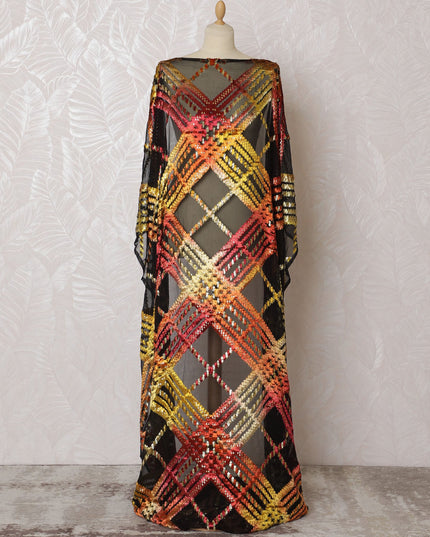Luxurious Somali Black Silk Chiffon Velvet Dirac - Deep Black with Radiant Sunset Hues, 140cm X 3.5 mtrs piece-D18920 - Regal Fabrics