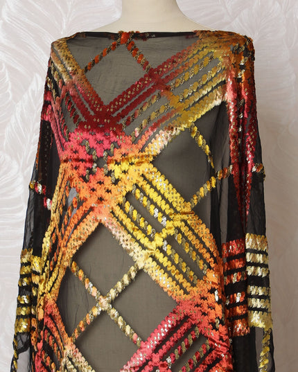 Luxurious Somali Black Silk Chiffon Velvet Dirac - Deep Black with Radiant Sunset Hues, 140cm X 3.5 mtrs piece-D18920 - Regal Fabrics