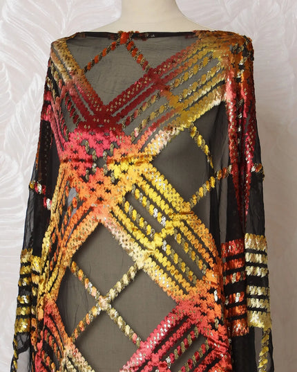 Luxurious Somali Black Silk Chiffon Velvet Dirac - Deep Black with Radiant Sunset Hues, 140cm X 3.5 mtrs piece-D18921 Regal Fabrics