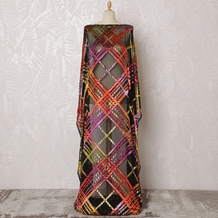 Black Velvet Dirac with Multicolor Diamond Motifs, Pure Silk Chiffon, 140cm Wide X 3.5 Mtrs Piece-D18921