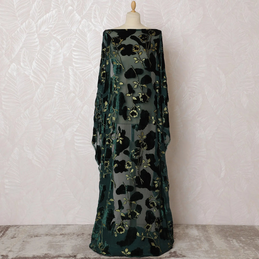 Emerald and Gold Floral Velvet Dirac - Exquisite Silk Chiffon, 140cm Width X 3.5 Mtrs Piece-D18925 Regal Fabrics
